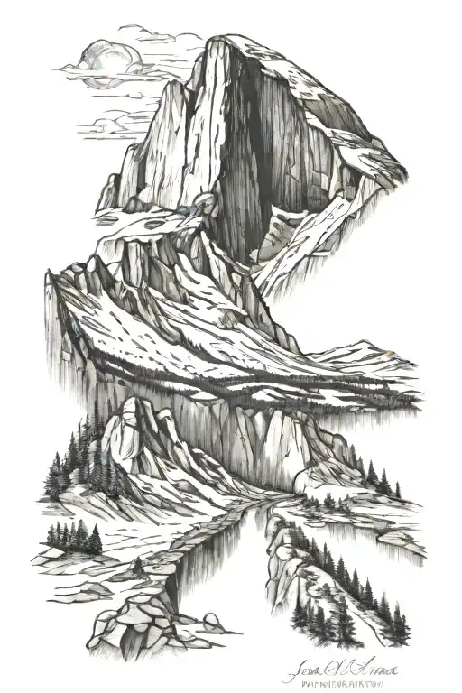 john muir trail with half dome and mt whitney and other mountains and forest tattoo design idea