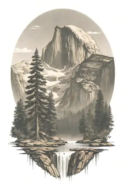 half dome with sierra nevada backdrop and john muir trail leading up the middle with waterfalls  tattoo design idea