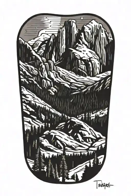 mt whitney summit beside half dome with trail going through forest tattoo design idea