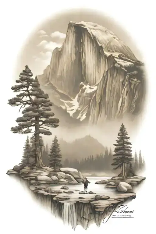 john muir trail theme with half dome and waterfall and hiking trail  tattoo design idea