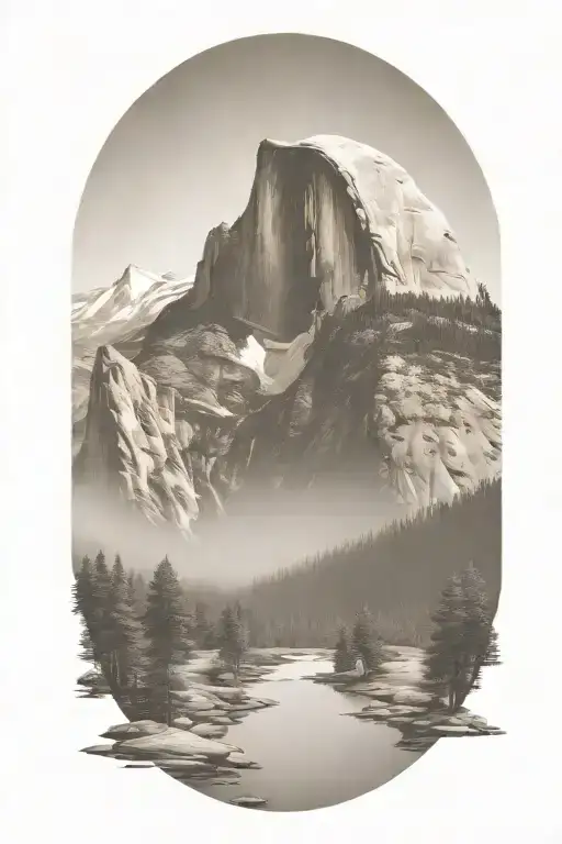 half dome with john muir trail path winding through forest tattoo design idea