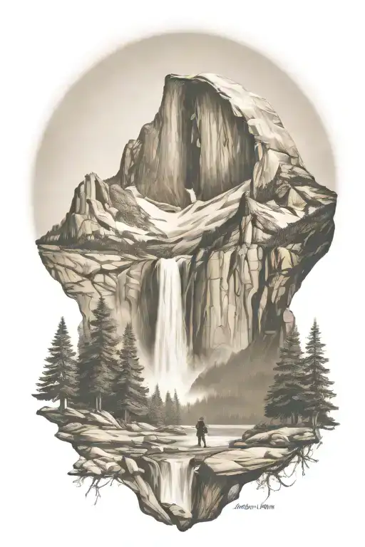 john muir trail theme with half dome and waterfall and hiking trail  tattoo design idea
