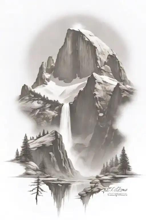 mt whitney with half dome and john muir trail theme including a path and waterfall  tattoo design idea