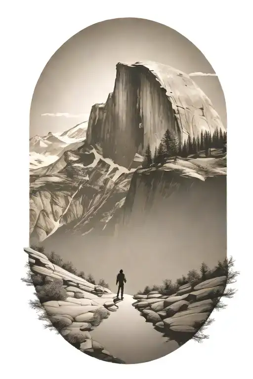 half dome with winding path leading up the middle with hiker siloutte  tattoo design idea
