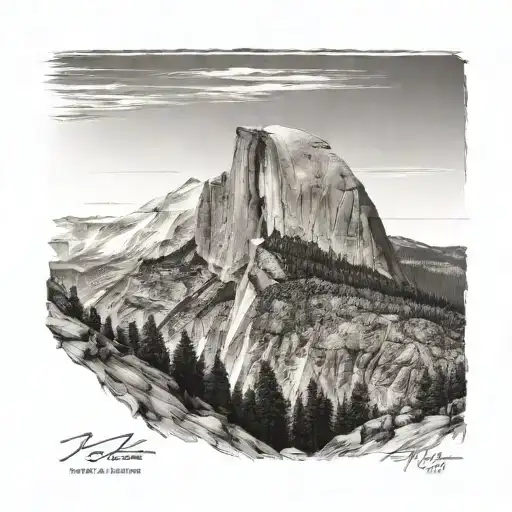 A black-grey tattoo of half dome with jon muir trail running up it  tattoo design idea