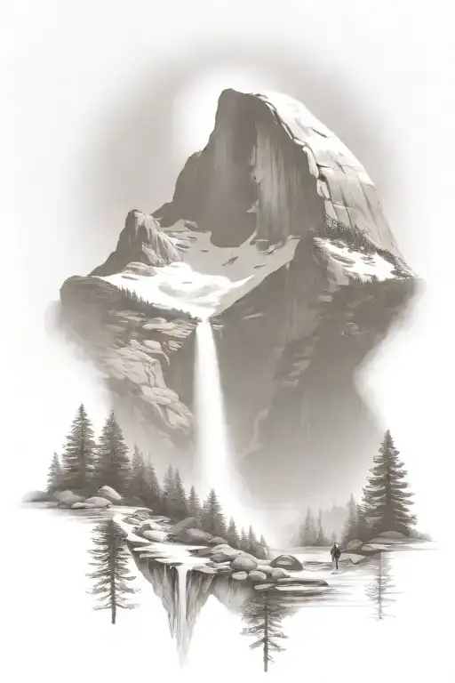 john muir trail theme with half dome and waterfall and hiking trail  tattoo design idea