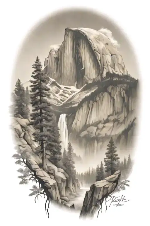half dome with sierra nevada backdrop and john muir trail leading up the middle with waterfalls  tattoo design idea