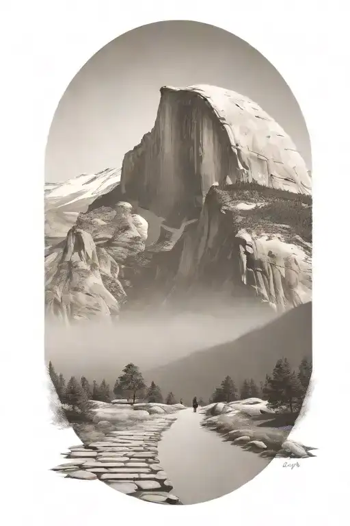 half dome with winding path leading up the middle with hiker siloutte  tattoo design idea