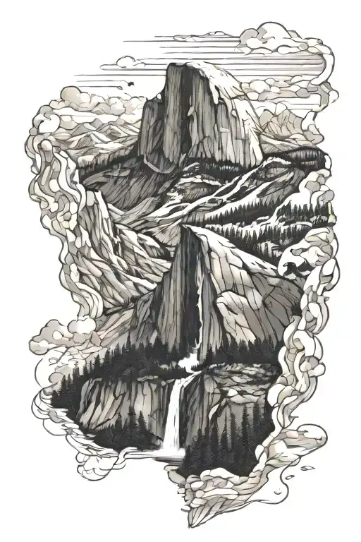 half dome with the spires of mt Whitney beside incorporating the John Muir trail with a trail and waterfalls and forest tattoo design idea