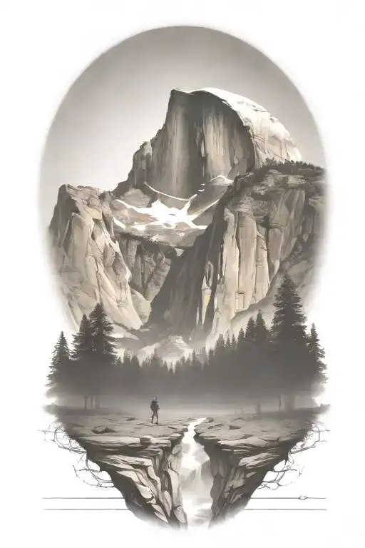 half dome with winding path leading up the middle with hiker siloutte  tattoo design idea