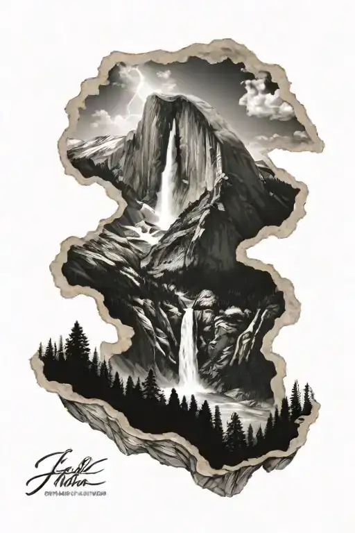 half dome with john muir trail leading up to it with a waterfall in the centre and lightning in the sky  tattoo design idea