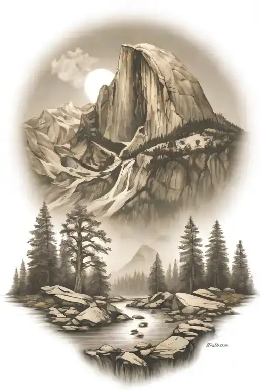 john muir trail theme with half dome and waterfall and hiking trail  tattoo design idea