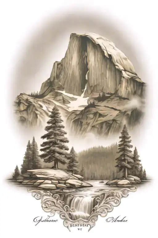 john muir trail theme with half dome and waterfall and hiking trail  tattoo design idea