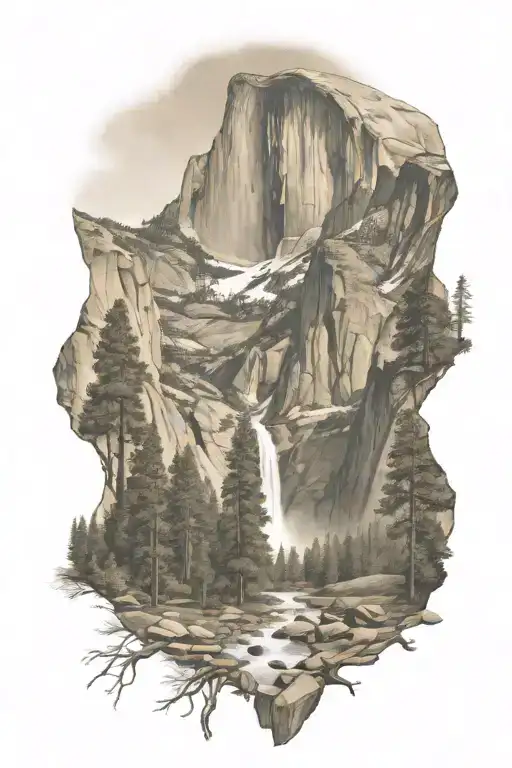 yosemite valley trail leading to half dome with vernal falls  tattoo design idea