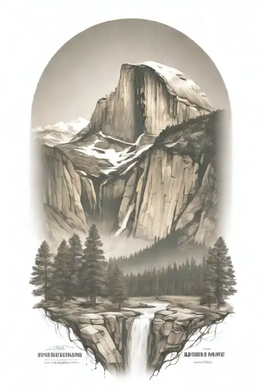 half dome with forest and trail leading from bottom to top john muir trail tattoo design idea