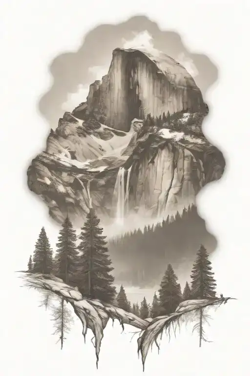 half dome with waterfall and john muir trail leading up from bottom to top  tattoo design idea