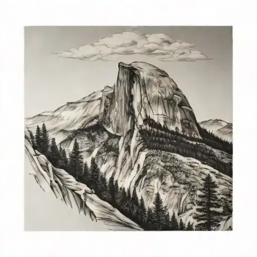 A black-grey tattoo of half dome with trail meandering through woods tattoo design idea