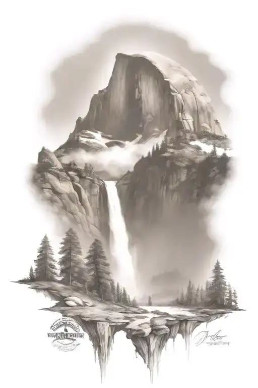 half dome with waterfall and john muir trail theme   tattoo design idea