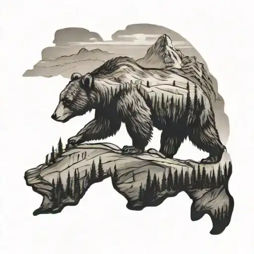 A black-grey tattoo of a bear silhouette against a backdrop of the John Muir Trail, capturing the wilderness and beauty of the trail tattoo design idea