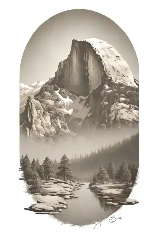 half dome with john muir trail path winding through forest tattoo design idea