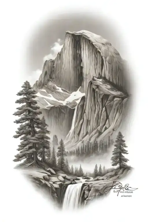 half dome below mt whitney  with waterfall and a trail leading up the middle tattoo design idea