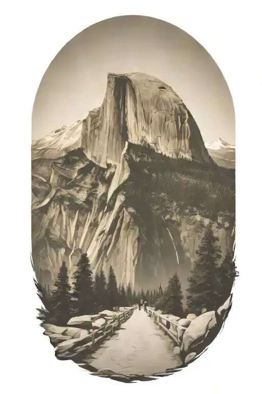 half dome with winding path leading up the middle with hiker siloutte  tattoo design idea
