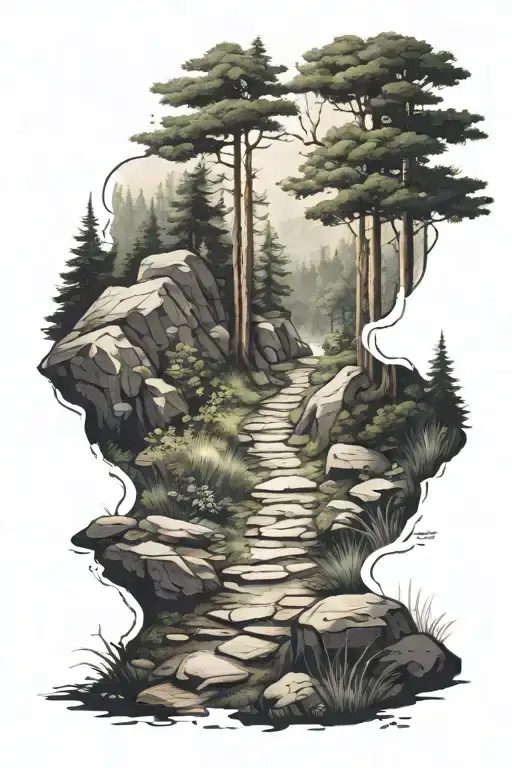 a hiking trail leading through a forest  tattoo design idea