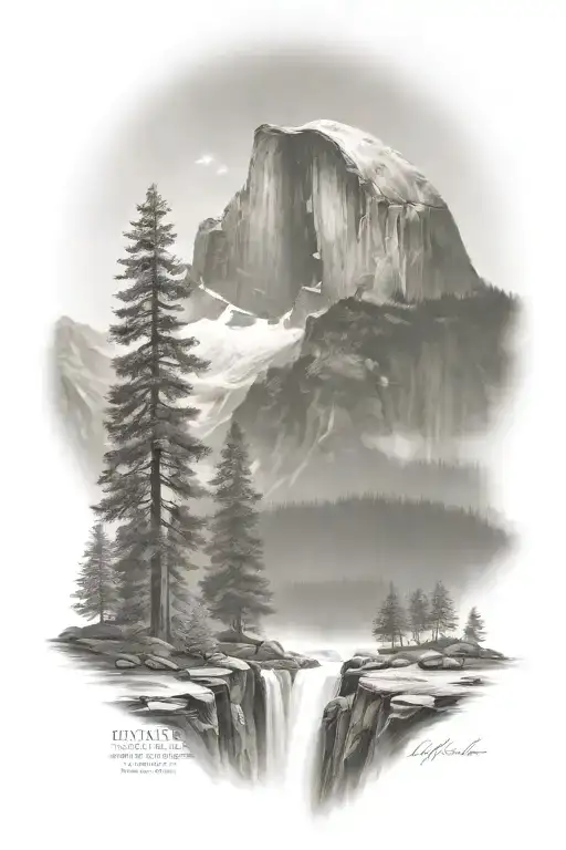 half dome with sierra nevada backdrop and john muir trail leading up the middle with waterfalls  tattoo design idea