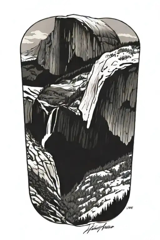 A black-grey tattoo of half dome as seen from glacier point with trail leading up it  tattoo design idea