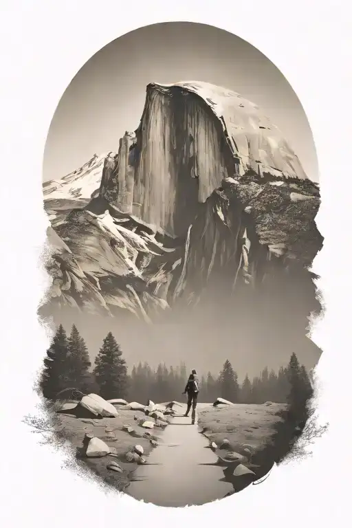 half dome with winding path leading up the middle with hiker siloutte  tattoo design idea
