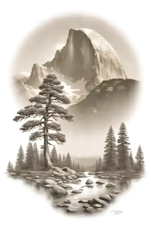 john muir trail theme with half dome and waterfall and hiking trail  tattoo design idea
