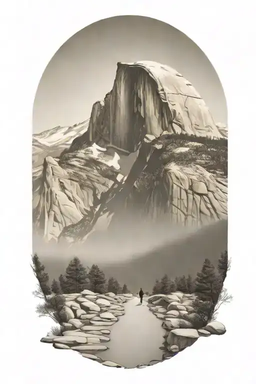 half dome with winding path leading up the middle with hiker siloutte  tattoo design idea
