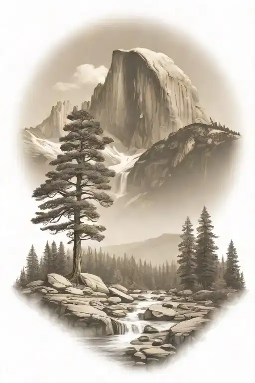 john muir trail theme with half dome and waterfall and hiking trail  tattoo design idea