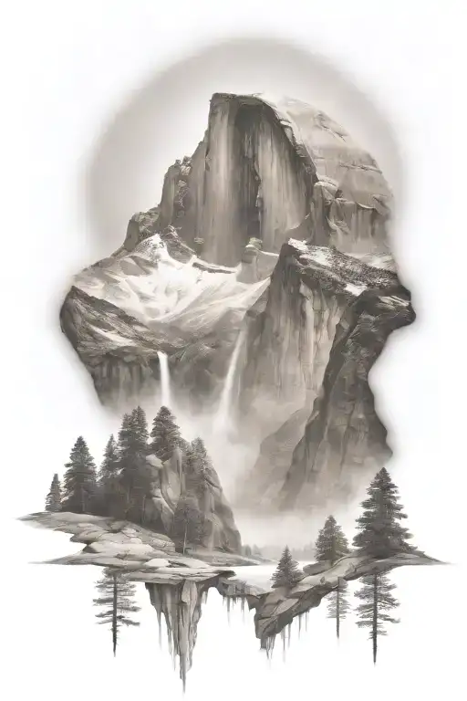 half dome below mt whitney  with waterfall and a trail leading up the middle tattoo design idea