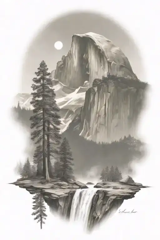 half dome with sierra nevada backdrop and john muir trail leading up the middle with waterfalls  tattoo design idea