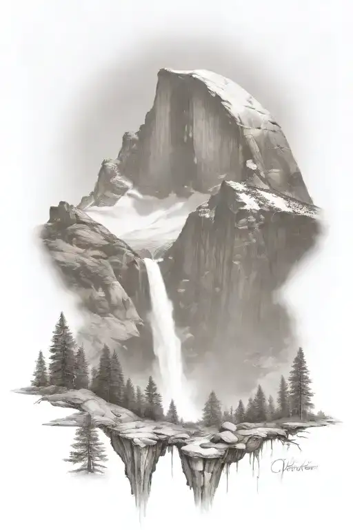 half dome below mt whitney  with waterfall and a trail leading up the middle another mountain in the distance   tattoo design idea