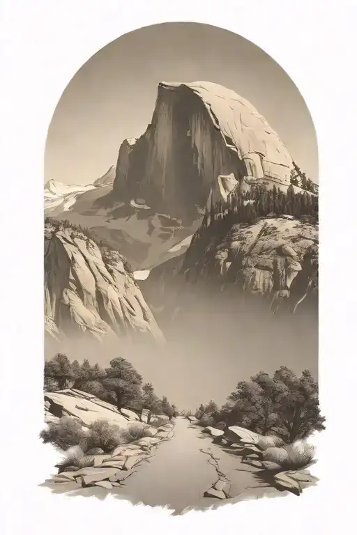 half dome with winding path leading up the middle with hiker siloutte  tattoo design idea
