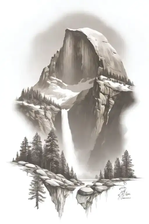 half dome with waterfall and john muir trail theme   tattoo design idea