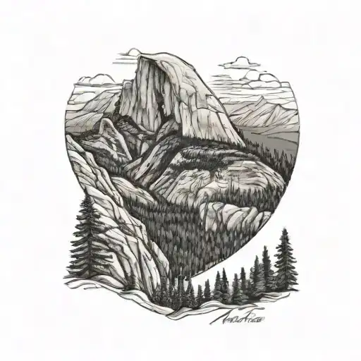 A black-grey tattoo of half dome with jon muir trail running up it  tattoo design idea