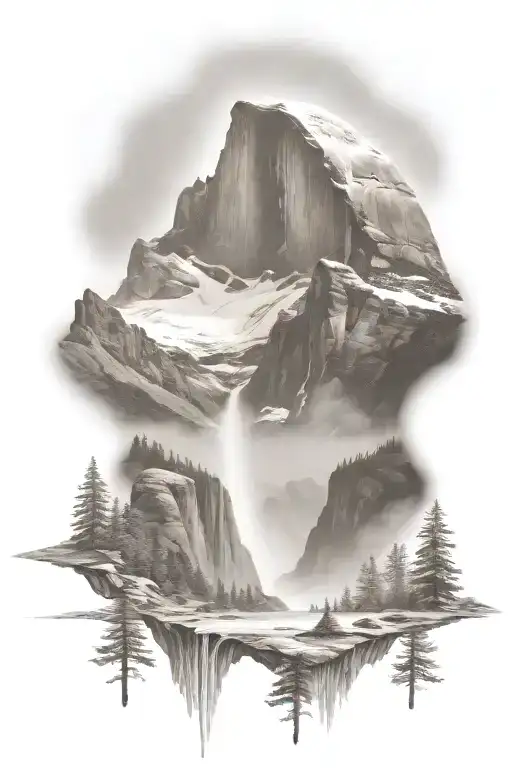 john muir trail theme with half dome and waterfall and hiking trail  tattoo design idea
