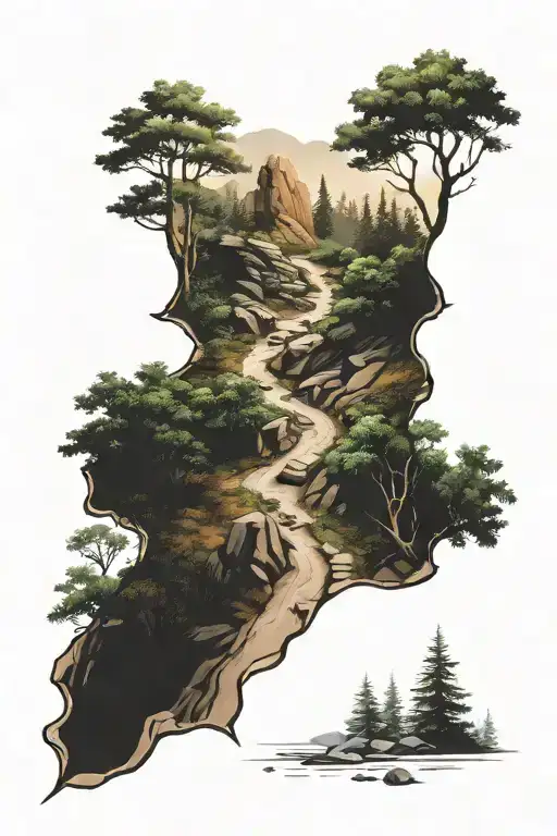 a realistic  hiking trail leading through a forest  tattoo design idea