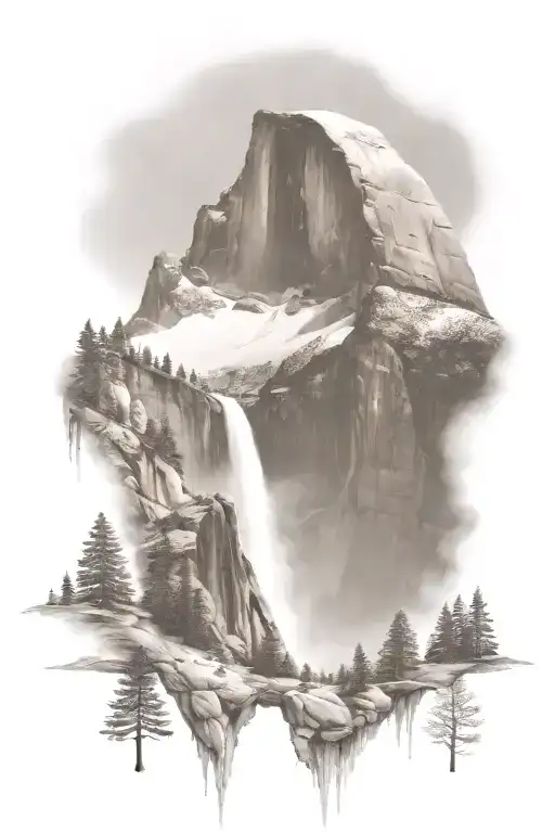 half dome below mt whitney  with waterfall hiking trail leading up from the bottom    tattoo design idea