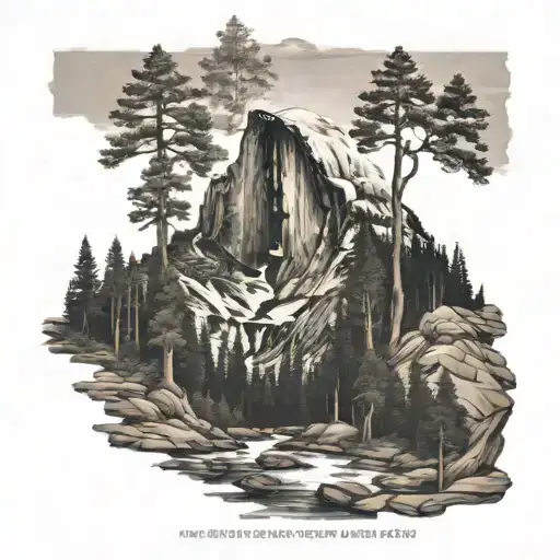 half dome John Muir trail winding through a forest tattoo design idea