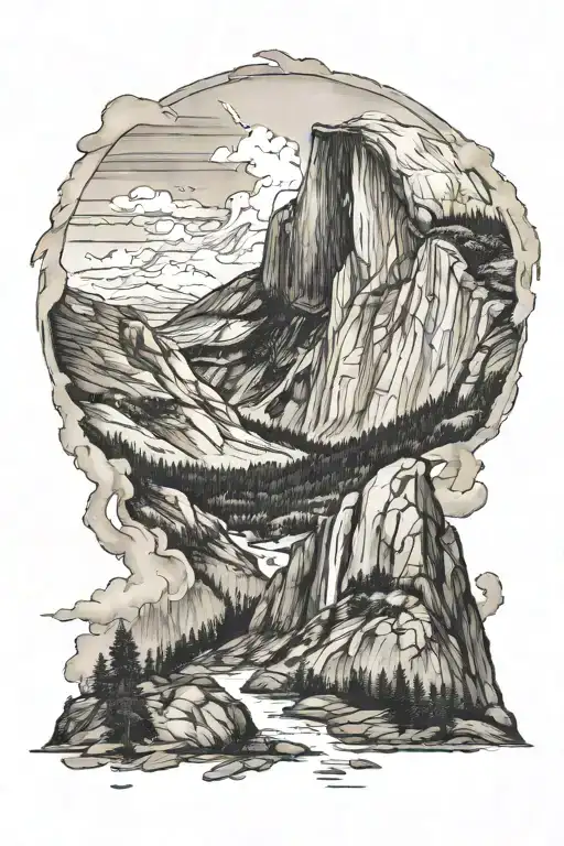 half dome with john muir trail leading up to it with a waterfall in the centre and lightning in the sky  tattoo design idea