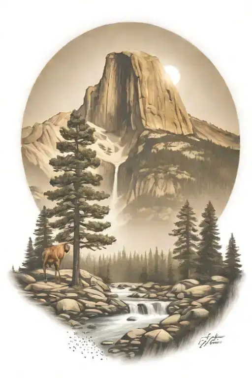 john muir trail theme with half dome and waterfall and hiking trail  tattoo design idea