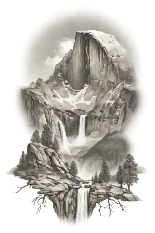 half dome below mt whitney  with waterfall and a trail leading up the middle tattoo design idea