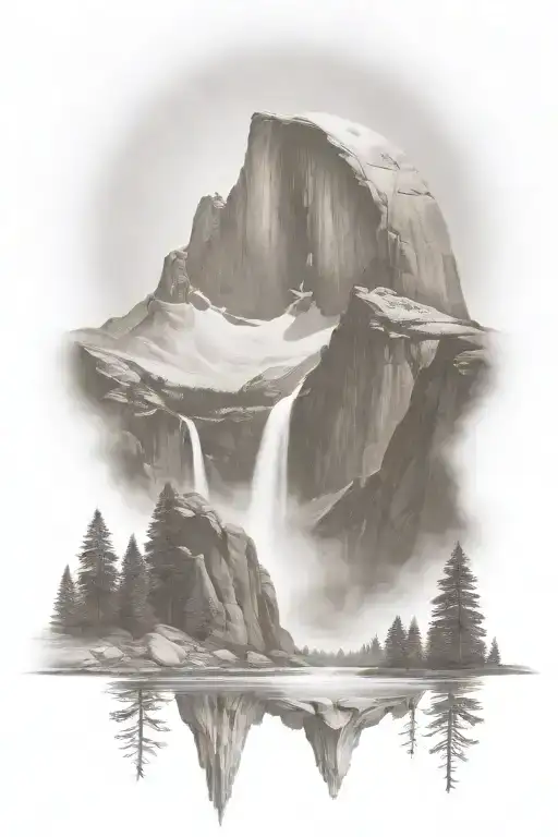 half dome below mt whitney  with waterfall and a trail leading up the middle tattoo design idea