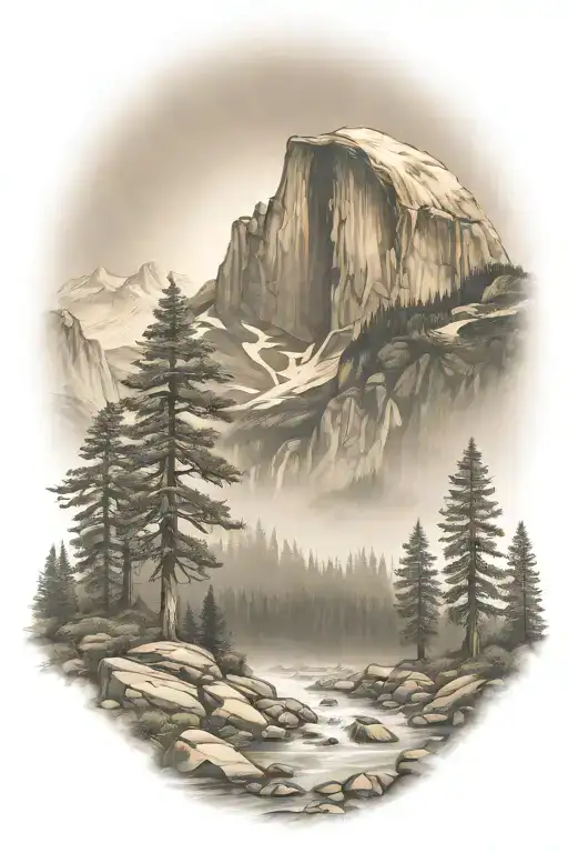 john muir trail theme with half dome and waterfall and hiking trail  tattoo design idea
