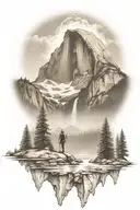 john muir trail theme with half dome and waterfall and hiking trail  tattoo design idea