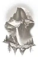 half dome below mt whitney  with waterfall hiking trail leading up from the bottom    tattoo design idea